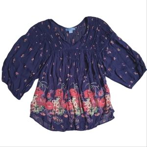 Anthropologie Lil Sheer Navy Blue Floral Blouse Top Women's Size EXTRA SMALL